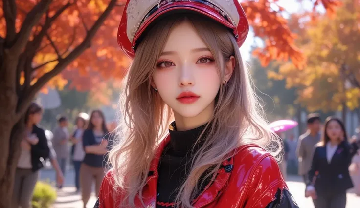 (masterpiece, Best picture quality, 8k),Real photo,autumn, Clear picture,Zoom out, Idol appearance, adult,  perfection of fashion,  Korean makeup, Lip Tint, whole body, frontal, A faint smile, Busy City Streets,  Finely drawn , Realistic, Outdoor,  ultra h...