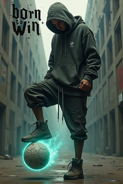 A gritty, urban-style football player wearing a hoodie and sneakers, balancing a glowing ball on their foot. "Big Shot" is spray-painted above the design, and "Born to Win" is handwritten in a chalky font at the bottom.