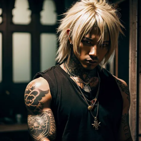 1 man, Japanese man, male, Asian eyes, muscular, broad shoulders, yakuza tattoos, hairstyle Visual Kei style, hair Visual Kei, black men's shirt and black pants, ultra detailed face, hyperrealistic, realistic representation, long hair, long hair, 30 years old, age 30 years, blond, blonde hair