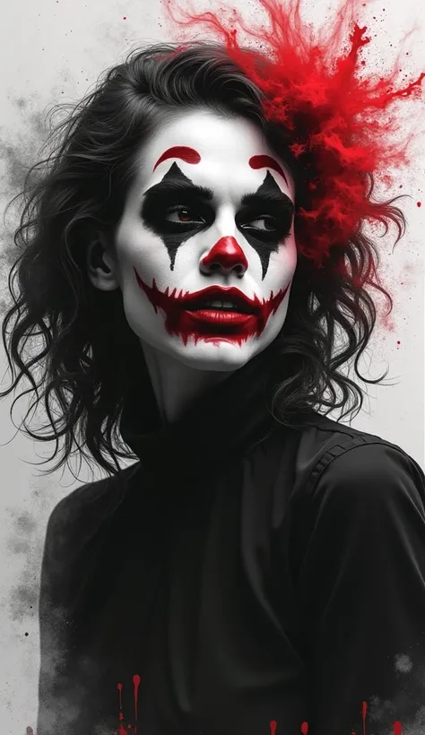 portrait of a ghost girl , in joker makeup, consisting of ,  made in black and white with bright red accents.   Style — expressive realism with elements of abstraction ,   puzzles with splashes and smudges and smoke ,   focused on energy and movement . bes...