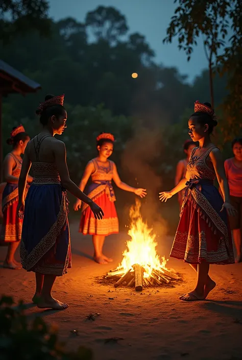 Evening Dance: 3 Bunong girls performing a traditional dance around a fire in a Mondulkiri village as night falls. Other foreigner watching and the flames light up her intricate costume, highlighting the rich colors and patterns."