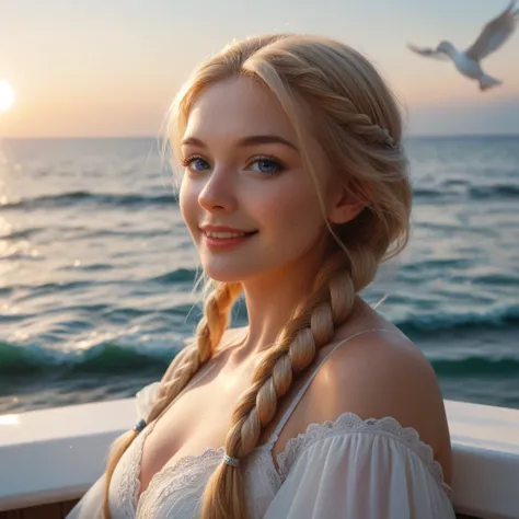 ,((Best quality))),8k,((Masterpiece)),(Extremely refined and beautiful), there is a girl coming out of the sea, a swan princess in Russian mythology, beautiful calm face, blue eyes, long blonde hair braided, the moon braided hair on the back of the head, w...