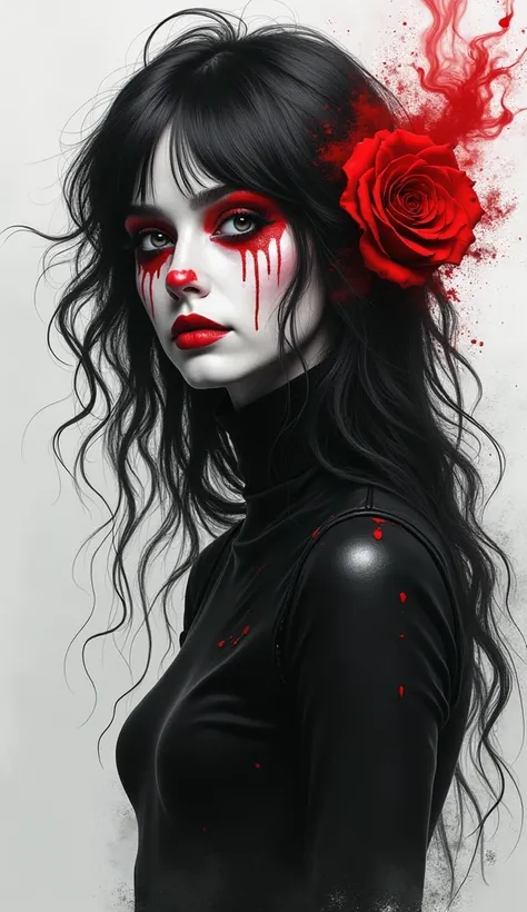 portrait of a ghost girl , in ghost makeup, consisting of ,  in black and white with bright red accents.   Style — expressive realism with elements of abstraction ,   puzzles with splashes and smudges and smoke ,   focused on energy and movement . best qua...