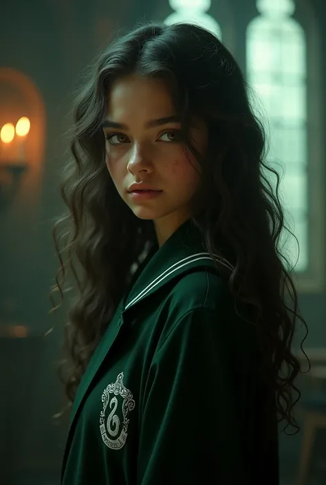 Slytherin Hogwarts girl in uniform tan skin dark curly long hair brown eyes with mattheo riddle
