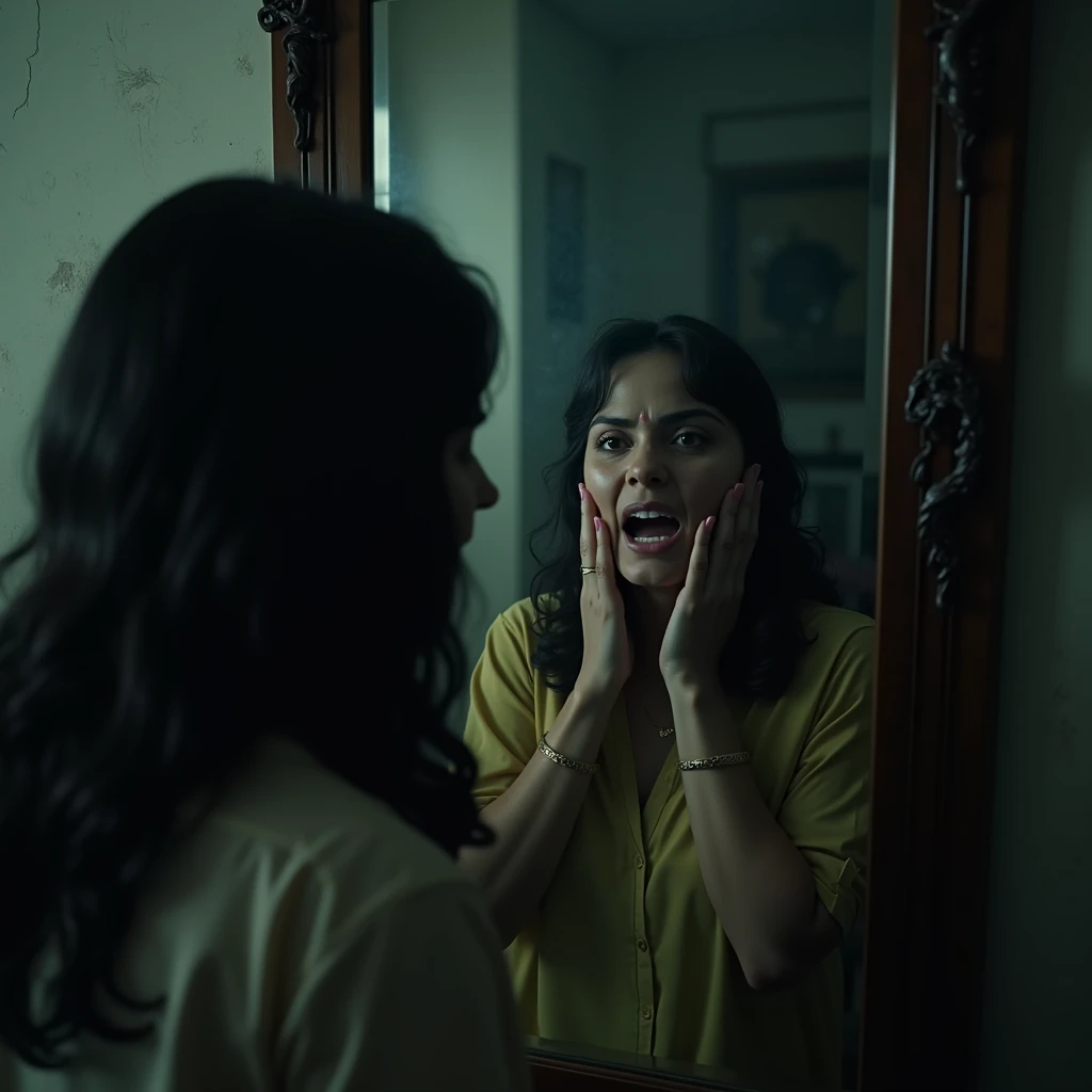 Neetu screamed in fear after looking at the mirror but her voice was drowned in the room itself.