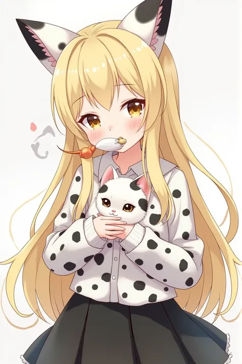 That she is an anime girl and has long blond hair and has Dalmatian dogs ears on her head and a little white chikito fish in her mouth who has a black skirt and a shirt with white and black spots and has a kitten in her hand