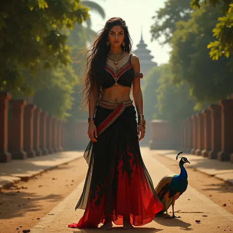 violent looking woman named Draupadi in black gradation red  color motifs like a fire traditional Indian dress with a red bindi on her head very long hair Messi, standing barefoot, wearing gold anklets standing on a road with temples and shady trees on the...