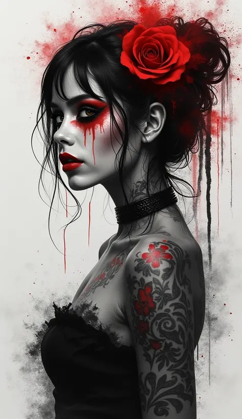 portrait of a ghost girl , in ghost makeup,  tattoo , consisting of ,  made in black and white with bright red accents.   Style — expressive realism with elements of abstraction ,   puzzles with splashes and smudges and smoke ,   focused on energy and move...