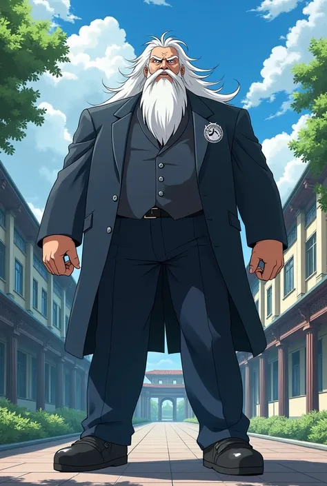 A 6 foot 11 very muscular  old boy in a university with long white hair and intimidating face wearing the school uniform. Far distance view. Anime