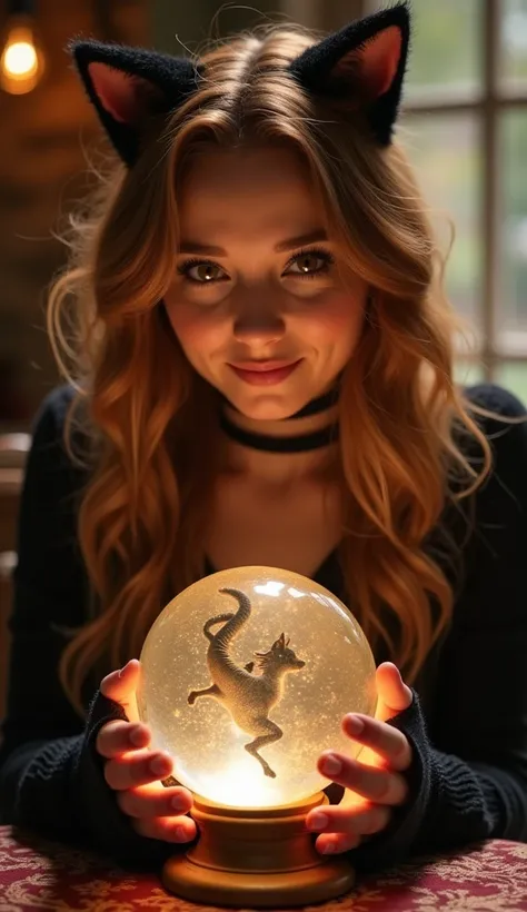 Cat girl:fortune teller、A beautiful, bright face with a smile on her face、 bronze hair with cheese、It looks like fortune telling on a table with one crystal ball that is crystal clear in the stardust room、
Black Dress、Taurus symbol on crystal ball、Real ima...