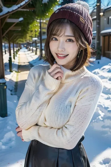 12K、hdr、Bit depth 10 bits、Adult Woman、 wearing knitted sweater 、Im wearing a knitted hat、 shorthair 、smile、 beautiful blue eyes 、The background is a snowy landscape、Snow is piled up on the ground、White Ground、Snowfall、 standing position、The snow is shining...