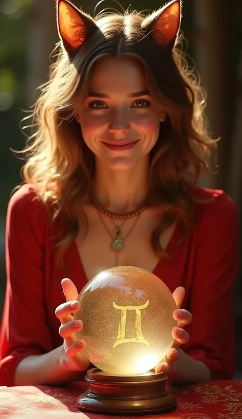 Cat girl:fortune teller、A beautiful, bright face with a smile on her face、 bronze hair with cheese、It looks like fortune telling on a table with one crystal ball that is crystal clear in the stardust room、
Red Dress 、Gemini symbol on crystal ball、Real imag...