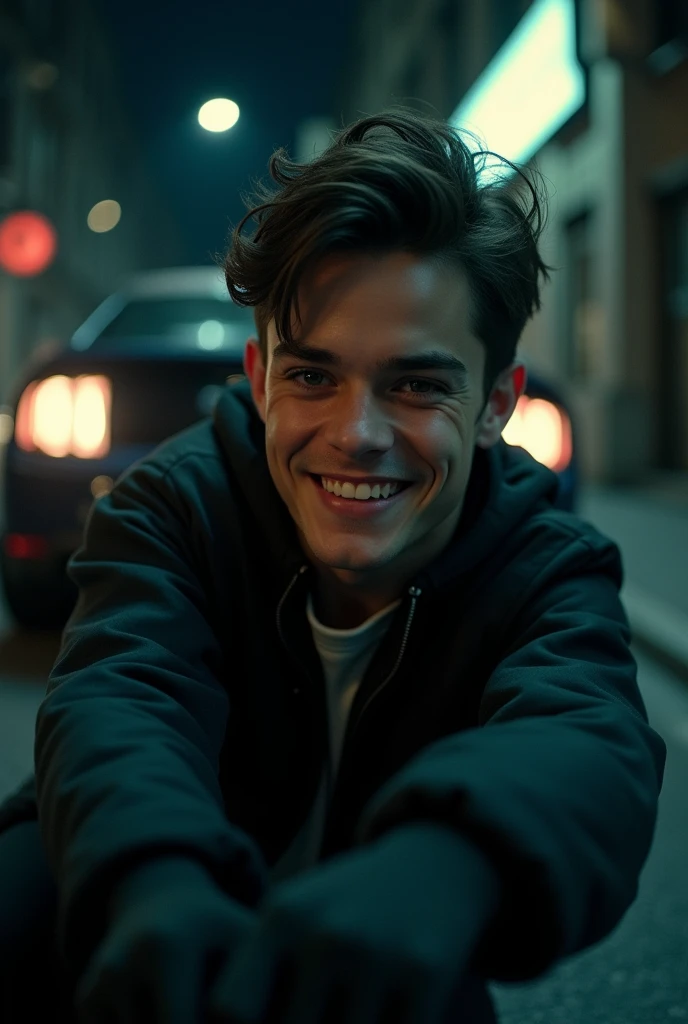 smiling young man stealing a car