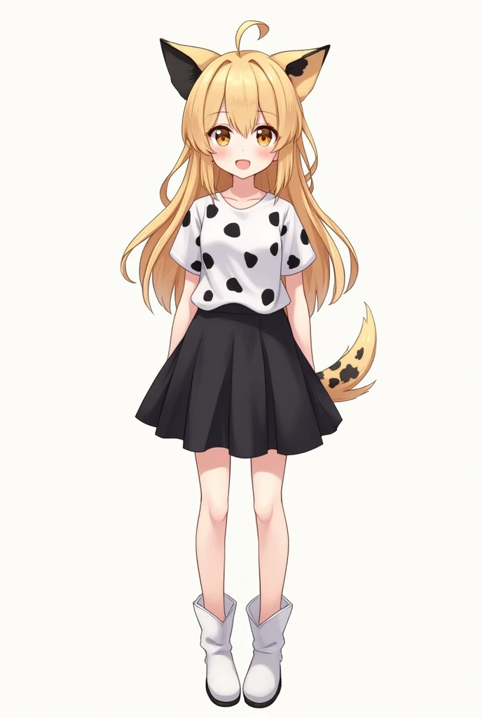 That she is an anime girl and has long blond hair and has Dalmatian dogs ears on her head who has a black skirt and a shirt with black and white spots and that has no tail and that she has white boots