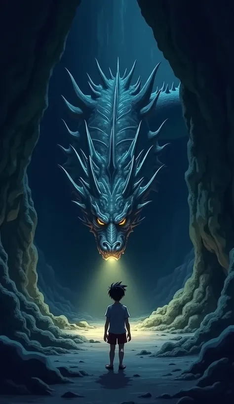 The anime-like image shows the dark and mysterious cave where Tomas finds himself facing a surprising dragon. The dragon, with silver scales that reflect the dim light of the flashlight, takes up almost the entire cave. Its golden eyes shine even while it ...