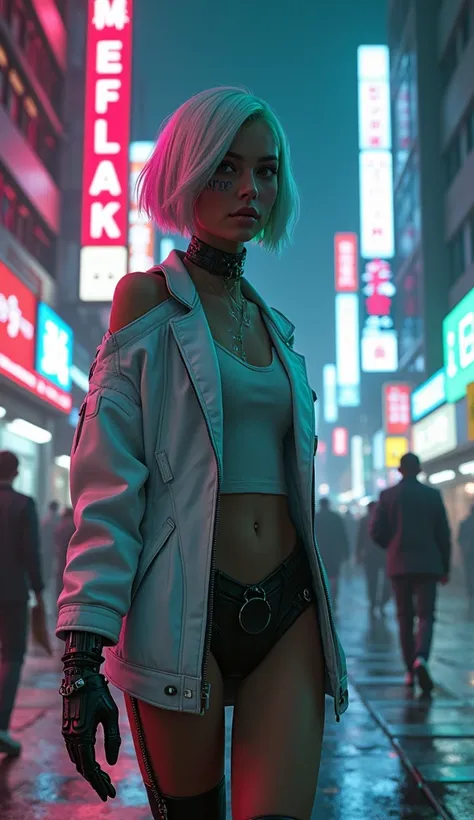 "An ultra-high-resolution, hyper-detailed, photorealistic portrait of 1Lucy, LUCY character from the Netflix show Cyberpunk edge-runner, she is  wearing a white off shoulder jacket jacket, asymmetrical white short bob cut hair with pink and green highlight...