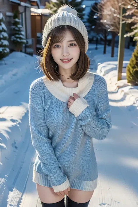 12K、hdr、Bit depth 10 bits、Adult Woman、 Im wearing a knitted sweater、Im wearing a knitted hat、 shorthair 、smile、 beautiful blue eyes 、The background is a snowy landscape、Snow is piled up on the ground、White Ground、Snowfall、 standing position、 the snow is sh...