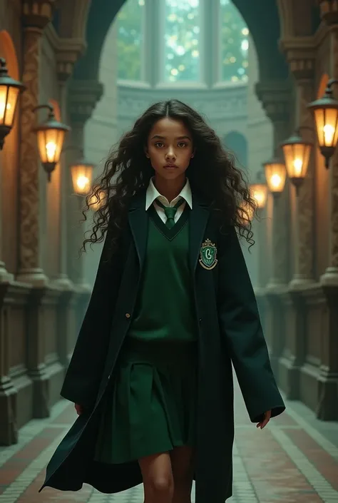 Slytherin Hogwarts girl in uniform tan skin dark curly long hair brown eyes walking through Hogwarts castle 
