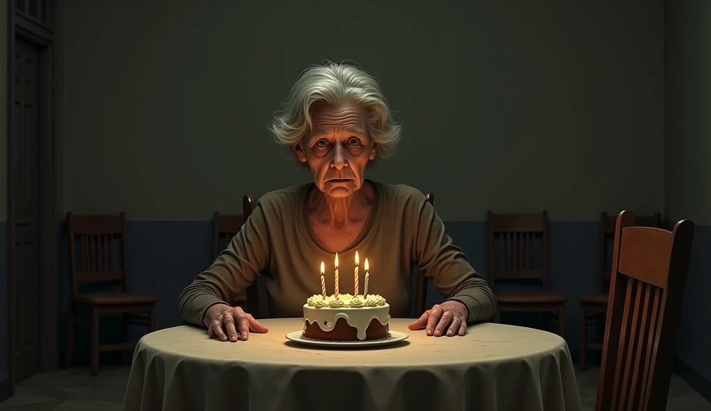 A frail elderly woman sitting alone at a modest dining table in a dimly lit room. Her small birthday cake, with half-melted candles, sits untouched. The woman, dressed in simple, slightly worn clothes, rests her hand lightly on the table, her face etched w...