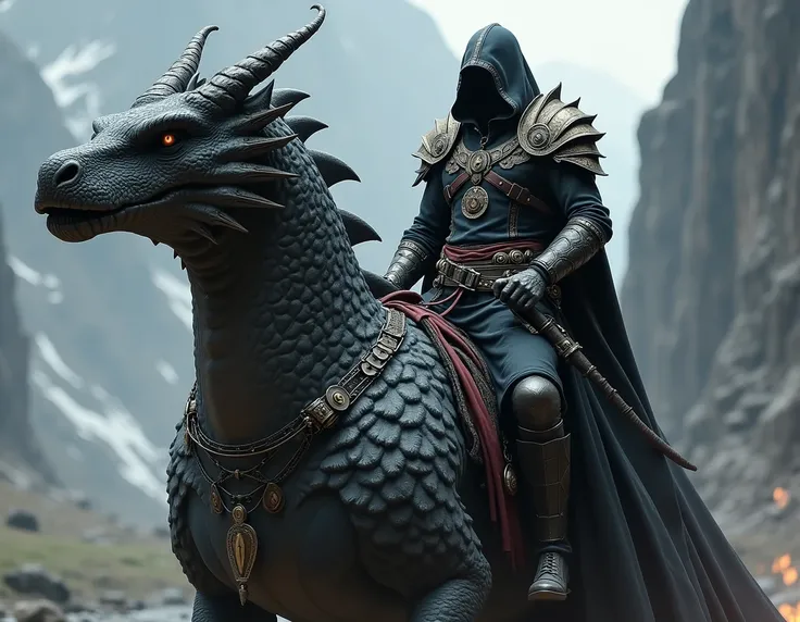 
dragon rider assassin, riding his round dragon, wearing black armor with the symbol of his dragon master