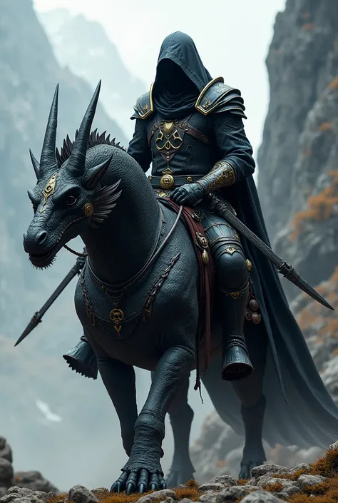 
dragon rider assassin, riding his round dragon, wearing black armor with the symbol of his dragon master