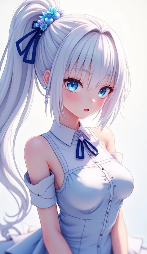 1 girl,  blue eyes ,  very long hair ,  ponytail tube hair,  white hair, side bangs, HD model, quality,  high quality,  Ultra high definition , Breasts, Heart shaped earrings, astonishment, Bright pupils,  The characters sprite ,  Hair flower , Shine, line...