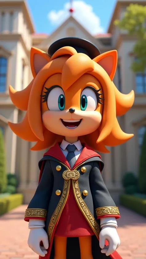 She like merna the merhog in sonic She wears a fancy school uniform. She smiles because she graduated. She is in a fancy school in Francisco.