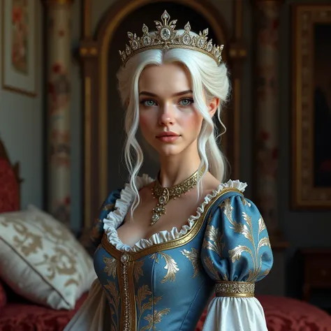 Women with platinum hair wearing a blue and silver tudor style dress and a tiara standing in her bedroom in the medieval castle
