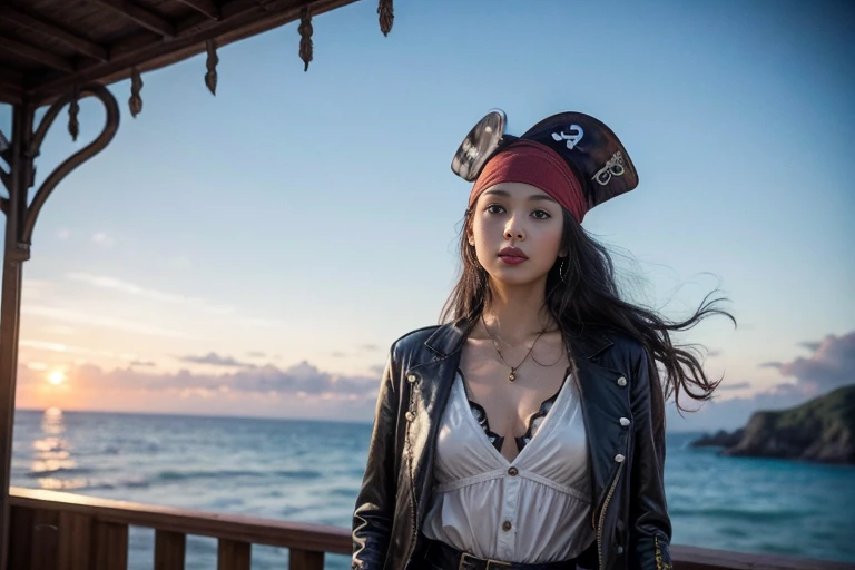  A beautiful woman pirate standing on the deck of an old pirate ship 。 pictures of super beautiful and cute Japanese female pirates that are a big hit around the world on an old pirate ship。名作で有名な巨匠の写真家が撮影した大ヒットのmasterpiece写真。(masterpiece: 1.3), (8k, Reali...