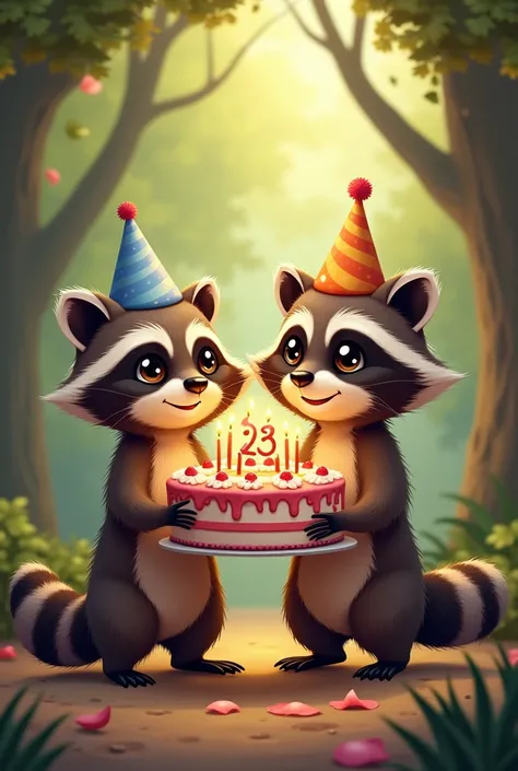 Two raccoons holding a cake with candles in the shape of "23"