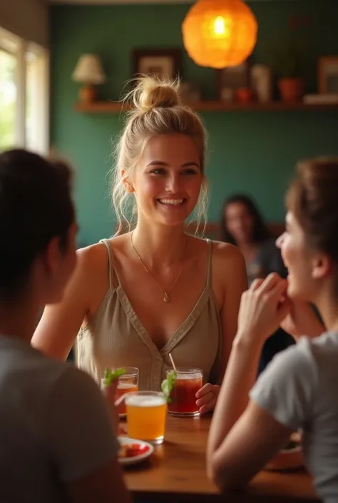 Middle Class Brazilian Blonde Woman Drinking With Friends At Home Wearing Her Hair Tied Up