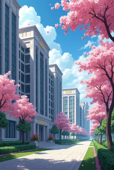 A school with the name lotus street ladies college. With some tall buildings for classes and some trees with pink flowers
