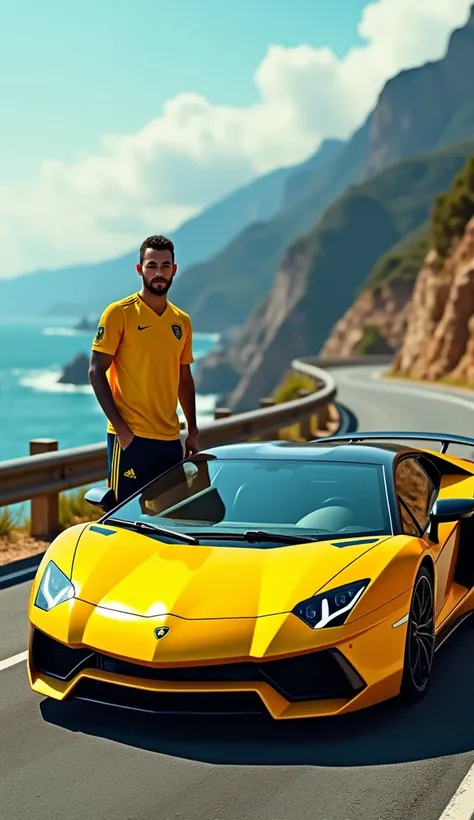 "A vibrant Neymar stands next to a bright yellow Lamborghini Aventador, his playful energy reflected in the cars bold design. The photorealistic scene, set on a winding coastal road, captures the thrill of speed and freedom --ar 9:16."