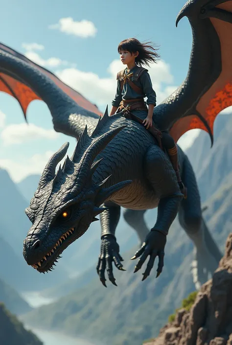 Teen dragon rider, with straight hair and scales on his face, standing on top of a dragon