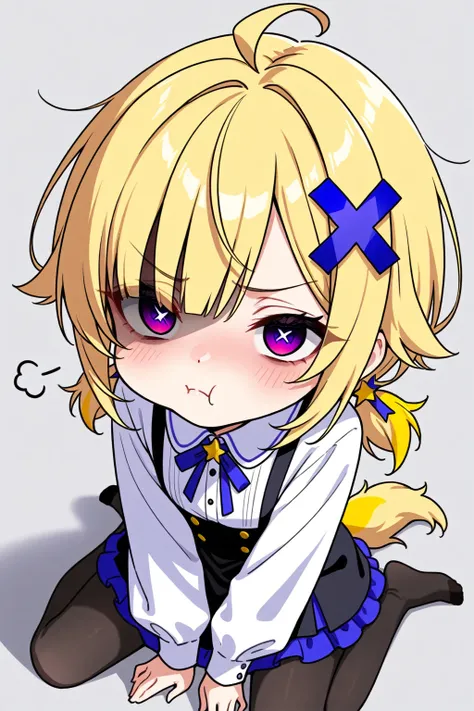  1 girl, solo,  high definition , Blonde,  simple background,  shortcut , ピンク色のeye, Ahoge,  low twin tail, Disheveled Hair,  asymmetrical bangs ,  wolf cut,  makes me drool, 垂れeye, pout,  yandere, eye, x shaped hair ornament,  STAR HAIR ACCESSORIES,  black...