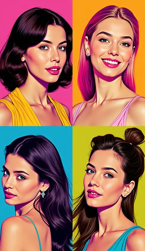 
Create a series of four elegant portraits of imaginary famous figures, blending elements of fantasy and pop art in a vibrant,  Each portrait should capture the essence of these fictional celebrities, showcasing their unique personalities through bold colo...