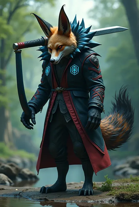 





Prompt : a CGI scary fox. antagonist. wearing a black and red jacket with writing with intricate details. patterned with glowing blue symbols. angry expression. his hands are tattooed. The black blue red scary demon hugged him with its long tongue. f...