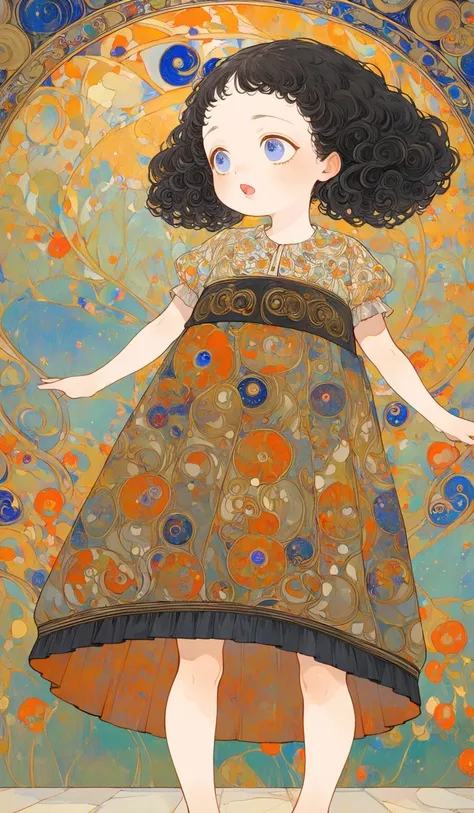 1 girl, solo, forehead, black curly lower-twintail, half-open mouth, little fat, looking away, foot, legs, standing, floral-pattern casual clothes, morning castle background, Gustav Klimt: art-nouveau style, Edvard Munch: Expressionism style, Tsuguharu Fou...