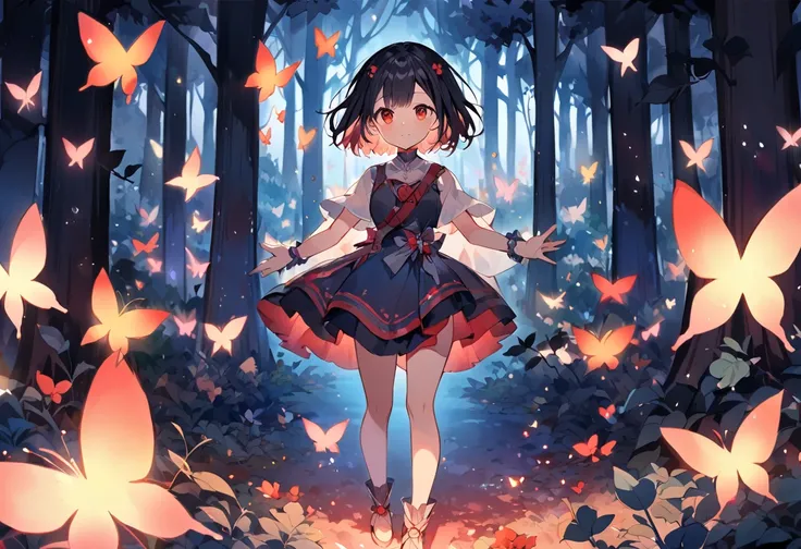 Watercolor colorful,sarada,girl,,solo,black hair,spicky short hair,magical red glowing butterflies in forest at night in dark,through trees and leaves,magical,sarada uchiha