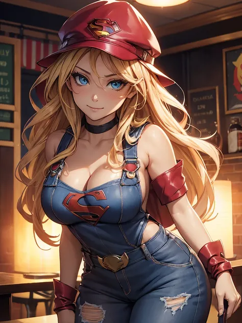 DCs Supergirl, long hair, blonde hair, looking at viewer, cabbie hat, shirtless, overalls over skin, bare shoulders, bare sleeves, bare arms, large sized breasts, cleavage, cleavage behind overalls, facing forward, torso shown, leaning forward, down blouse...