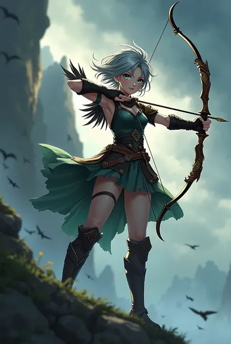 "4K anime style quality, digital drawing mode, an agile female archer with vivid green eyes, short messy silver hair, wearing a leather tunic with feathered shoulder guards, holding an enchanted bow with arrows tipped in gusty wind magic, standing on a cli...