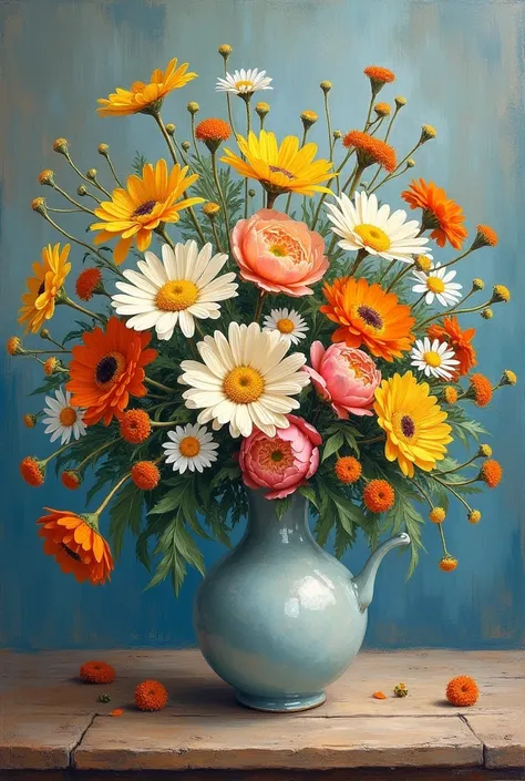 Paint a vase with daisies, marigolds, and peonies. The vase is placed on a wooden table.  Please paint it like Claude Monet’s painting.