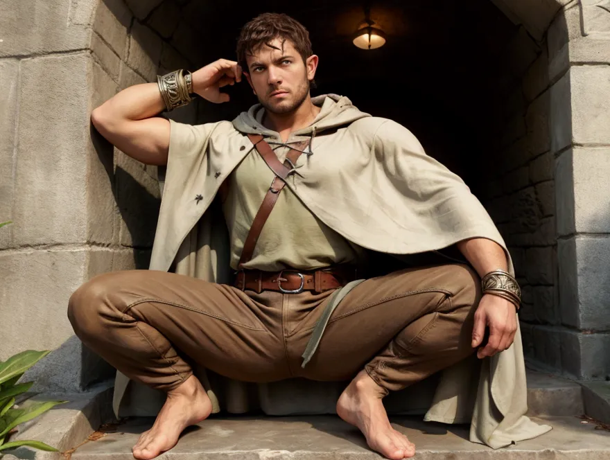 character details, male, the hobbit, single,  no shoes , barefoot,  shorthair ,  pixie haircut , leg hair, cape, hood on head,  ...