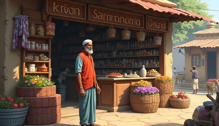 A kirana store in the village, very realistic indian shop.indian poor village, and thirty years old young man is shopkeeper, Indian shopkeeper.very realistic image 

