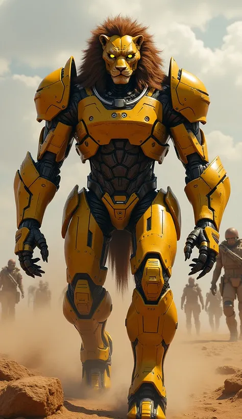 ( Lion terminator cyborg in yellowish red to dark brown armor with blade weapons looking like claws(.2)), (3 bodies 1 .3),  full body image, yellow eyes fire-style , ( complex elements ), ( Cyberpunk style 1 .5), ( futurism 1 .2), , ( in the spaceship 1 .3...