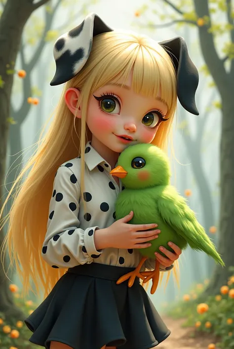 A girl with long blond hair with ears on her Dalmatians head and a shirt with black and white spots that animate the girl and who wears a black skirt holding a cute green zombie chick