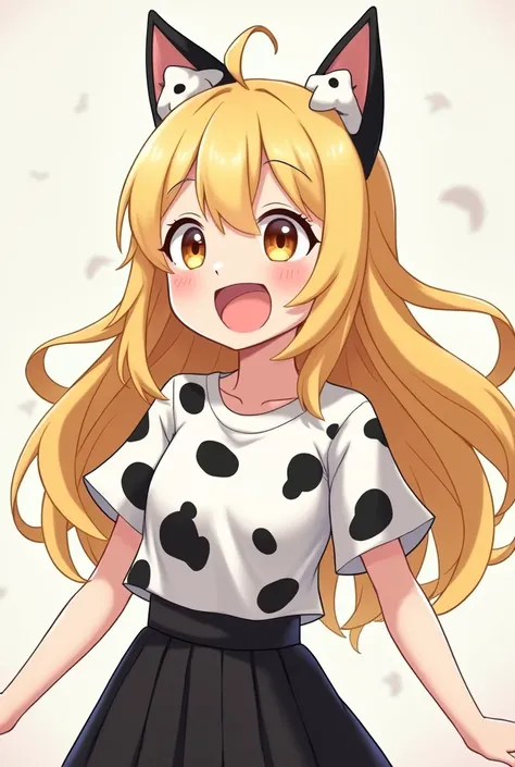 A girl with long blond hair with Dalmatian ears on her head and a shirt with black and white spots that animate the girl and who wears a black skirt and who is super excited 