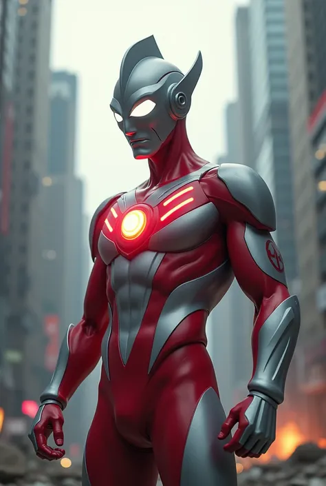 "Ultramans chest-mounted color timer pulsating rapidly and glowing brightly, indicating that his energy is depleting."

