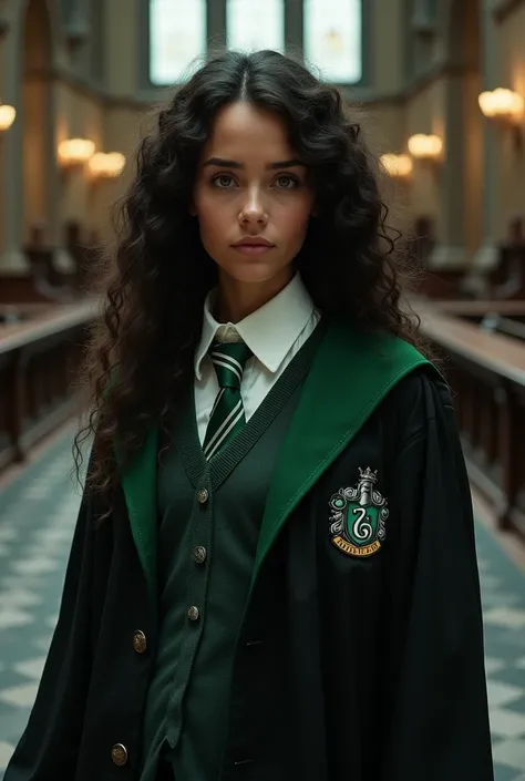 Slytherin Hogwarts girl in uniform with tan skin dark long curly hair and brown eyes 