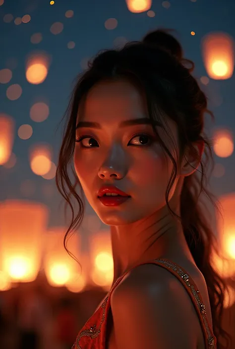 Beautiful woman , Beautiful almond-shaped black eyes with beautiful and detailed face liner,playing , ,  bright smile ,red lipstick looking for , sideways, Its almost time ,  lots of flying flashlights in the sky , Floating lanterns, sky with several conne...